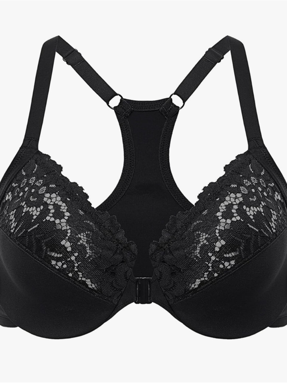 Racerback Lace Underwire Front Closure Racerback Bra — Black